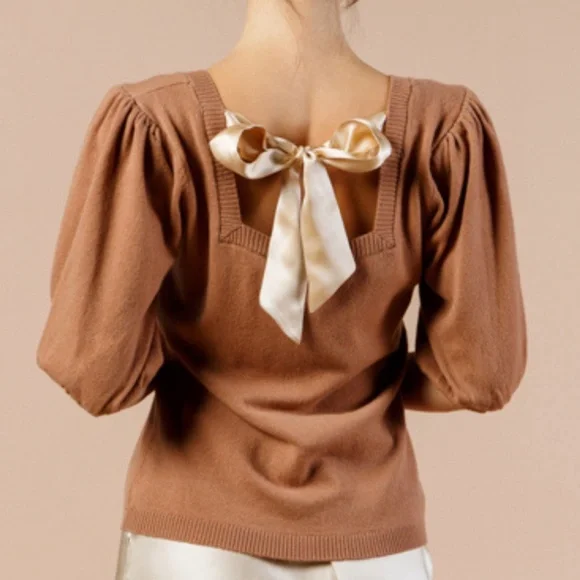 Puff Sleeve Cashmere Sweater w Silk Bow, Square Neck Knit, Silk Bow Tie Back - Picture 12 of 12